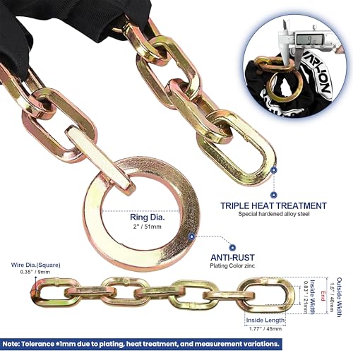 WARLION Heavy Duty Security Chain, 5ft x 3/8in Thick, 6.4lbs, Anti-Theft & Cut-Proof Motorcycle Chain with Cinch Ring - Secure Generators, Trailers, ATVs, Ebikes, & 2-Wheeled Vehicles (No Lock) - size: 5ft-3/8in