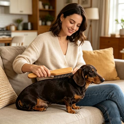 Boar Bristle Dog Brush for Short Haired Dogs, Natural Wooden Grooming Tool, Reduce Shedding, Detangle & Massage Sensitive Skin, Grooming to Calm Dogs & Build Pet Owner Bonding (Peach wood) - color: Peach wood