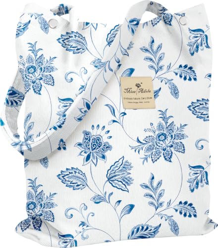 Miss Adola Corduroy Tote Bag for Women with Aesthetic Design | Magnetic Buckle & Pocket, Reusable, Soft, Roomy, Long Shoulder Handles, Double-sided Print, Casual Daily Work, Grocery Bags - color: Blue Floral, size: Large