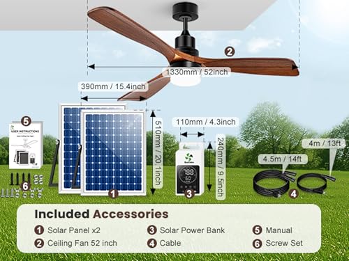Solar Outdoor Ceiling Fan 52" with Battery and Smart Thermostat | Wood Walnut Fan, 2PCS 30W Bifacial Panels, Built-in Light, 3 Speeds, for Barn, Patio, Stable, Gazebo, Adjustable Temp Control - size: 52 inch