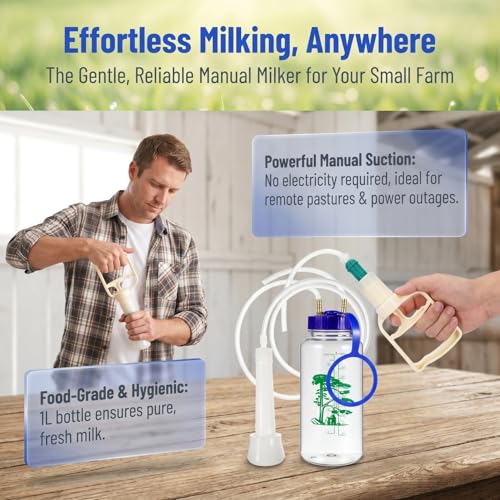 Totority Manual Milking Machine for Goats & Cows, 1L Portable Hand Vacuum Pump Milker Kit, Food-Grade Sheep Milking Bucket for Small Farm, Home, Daily Use