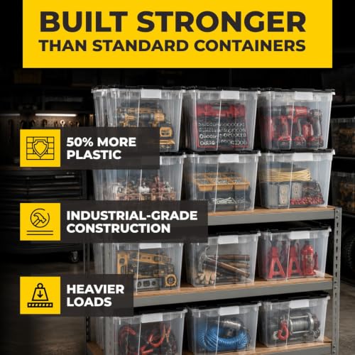 12 Gallon Heavy Duty Plastic Storage Tote with Flip Lid 21.5"×15.25"× 12.5" | Pack of 6 USA Made Reinforced Storage Container - Stackable Design, Wipe-Clean Label - for Home & Garage Organization - style: Heavy Duty