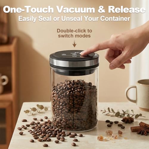 Vacuum Coffee Canister, 1.6L Large Capacity Airtight Coffee Container with Graduated Scale and Vacuum Duration Display. Features Transparent Borosilicate Glass Construction - size: 1.6L