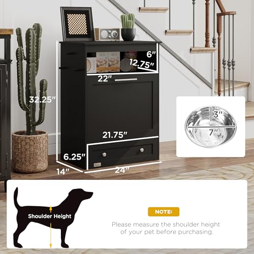 PawHut Dog Feeding Station with Raised Bowls, Pet Feeder Station, Black | Dog Food Storage Cabinet, Hanger for Feeding & Watering Supplies - color: Black