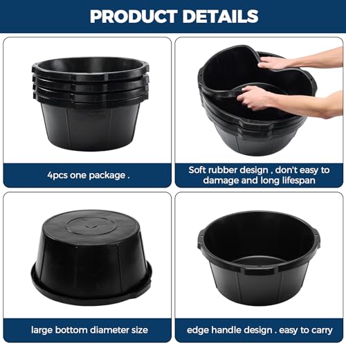 4Pcs Rubber Feed Pan,Heavy Duty 6.5 Gallon/26 Quart Horse Feed Bucket Livestock Feeder Tubs with Handle for Horse,Goat,Pig,Farm Livestock Poultry