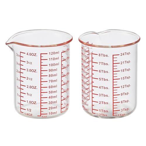 Ackers BORO3.3 4 oz/120 ml Glass Measuring Cup with V-Shaped Spout, 2 Pack | 3.3 borosilicate glass with a wide opening and five printed measurement units for small-batch cooking, baking and drink prep - size: 120 ML (4 Oz)-Pack of 2