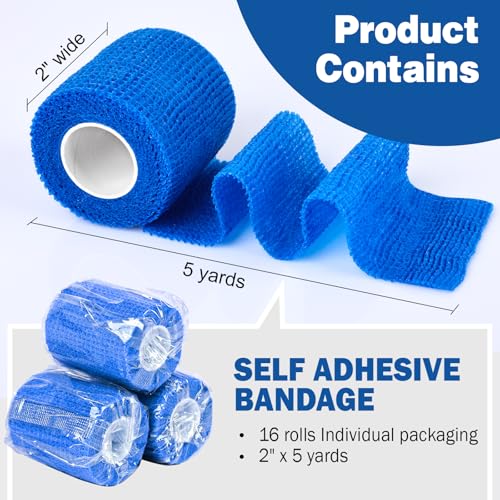 AZEN 16 Pack Self Adhesive Bandage Wrap Pink, 2" X 5 Yards Elastic Cohesive Bandage Wrap, Athletic Tape, Vet Wrap, Ankle Tape, Tattoo Grip Tape Wrap (Blue) - color: Blue, size: 2IN - 16Pack