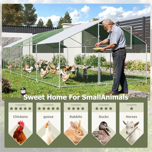 Large Metal Chicken Coop,19.7x9.8x6.4 FT Chicken Run for Yard with Waterproof & Anti-UV Cover,Walk in Chicken Pen with Feeding Door (26.2 * 9.8 * 6.4 ft) - size: 314.8"L x 118.1"W x 76.8"H
