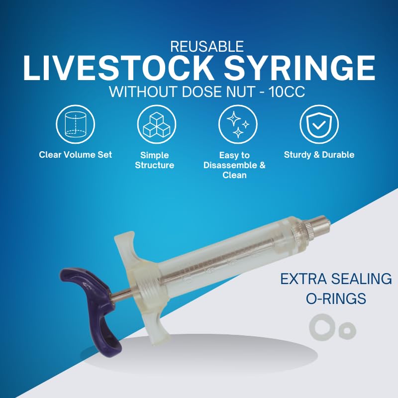 Reusable Veterinary Syringe Without Dose Nut – (10cc) - For Livestock Use | Durable Plastic Barrel | Luer-Lock & Luer-Slip Compatible | Equine, and Veterinary Use | Available in 10cc, 20cc, 30cc, 50cc - size: 10cc