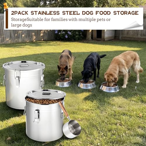 Lounsweer 2 Pack 8.9 Gal Stainless Steel Dog Food Storage Container with Lid and Locking Clamp 33 L Metal Airtight Container Large Stainless Steel Bucket with Food Scoop for Pet Feed - size: 33 L