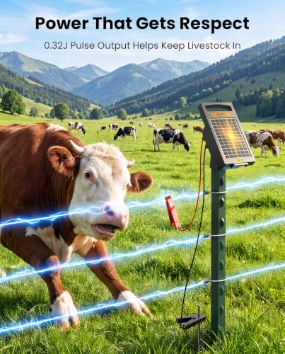 Solar Fence Charger, 0.32J, 20-Mile Coverage for Gardens, Deer | Dual solar and AC power keeps your fence running in changing weather and remote locations
