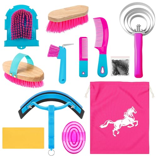 Abbylike 12 Pieces Horse Grooming Kit Racing Festival Tack Room Supplies Horse Brush Sets Equine Care Cleaning Kit Shedding Grooming Massaging Tools(Rose Red) - color: Rose Red