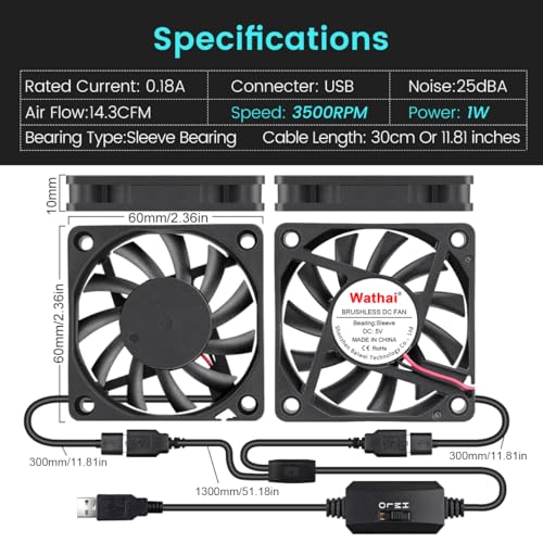 2 Packs Wathai 60mm x 10mm USB Computer Fan 5V with Speed Control for DIY | Variable Speed 5V USB Cooling Fan for Electronics Thin Slim Mini PC Case USB Powerful micro fans 60x60x10mm - size: 60x10mm (5V)