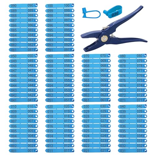 100PCS Livestock Ear Tags Sheep Goat 001-100 Numbered with Applicator Kit | with Punch Plier Tool, Laser Printed Plastic Tags for Goats Sheep Pigs Farm Herd Management Identification (Blue) - color: Blue