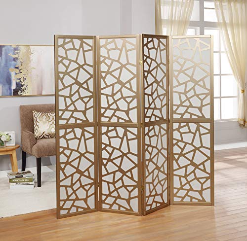 Roundhill Furniture Giyano 4 Panel Screen Room Divider, White Screen with Gold Frame - color: White Screen/Gold Frame