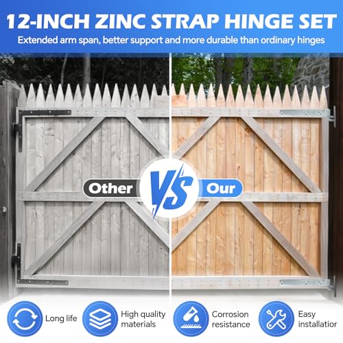 2 Pack Wall Mount Gate Hinge Bracket with Strap Hinge Heavy Duty Farm & Chain Link Gate Hinges Farm Gate Hinges Outdoor Hardware for Barns Tool Sheds and Other Swing Doors, Galvanized - style: 2pcs U-shape-12''