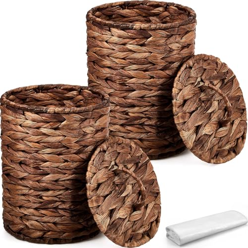 Ctosree 2 Pcs Wicker Trash Can Basket Woven Waste Basket with Lid Bathroom Wastebasket Garbage Bin with 100 Pieces of Trash Bags for Bedroom Farmhouse Home Office Kitchen(Deep Coffee, Small) - color: Deep Coffee,, size: Small
