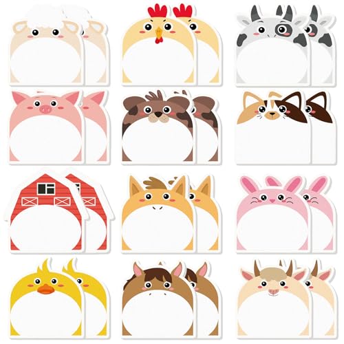 Yinder 24 Pads Farm Animal Sticky Notes, Kawaii Memo Self Adhesive | 12 Designs Cow Pig Duck Goat, Style for School Office, Back to School Party Gift Supplies, Bulk Cartoon Animals - style: Farm Animals