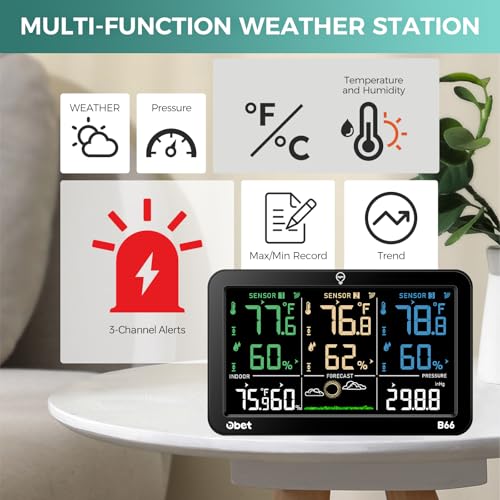 OBET Weather Station Wireless Indoor Outdoor Thermometer Wireless, Color Display Digital Temperature and Humidity Monitor with 3 Sensors, Alerts, Adjustable Backlight, USB Port (500 Feet) - color: Black-Large