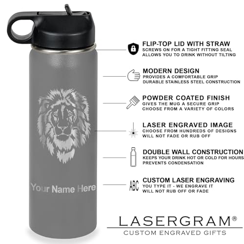 LaserGram Personalized 20oz Water Bottle, Horse (Gray) | Engraved Gift, Vacuum Insulated Stainless Steel, Flip-Top Straw Lid, Laser Engraved With Your Name - color: Gray, size: 20 Ounces