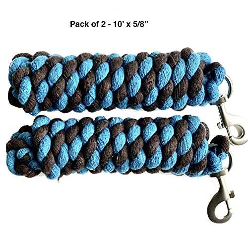 Majestic Ally Pack of 2 Solid Cotton Lead Rope for Horses & Livestock – 10 Foot Long and 5/8 inch Thick - Replaceable Heavy-Duty Satin Bolt Snap – Handmade – Soft, Broken in Feel (Turquoise -Brown) - color: Turquoise -Brown