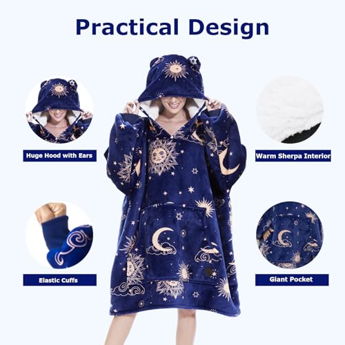 THREE POODLE Wearable Blanket Hoodie for Women, Oversized Sherpa Sweatshirt Blanket for Adults Men, Cozy Hooded Blankets, Gifts for Teen Girls Women Mom Sister - color: Deep Blue Star, size: Adult