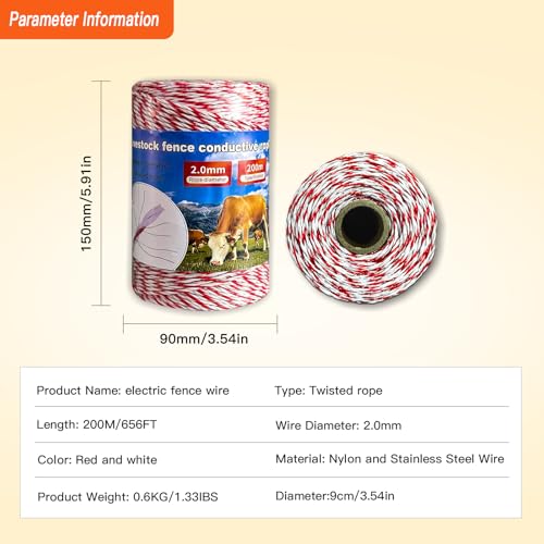 656Ft 6-Strand Polywire Electric Fence Rope, Stainless Wire