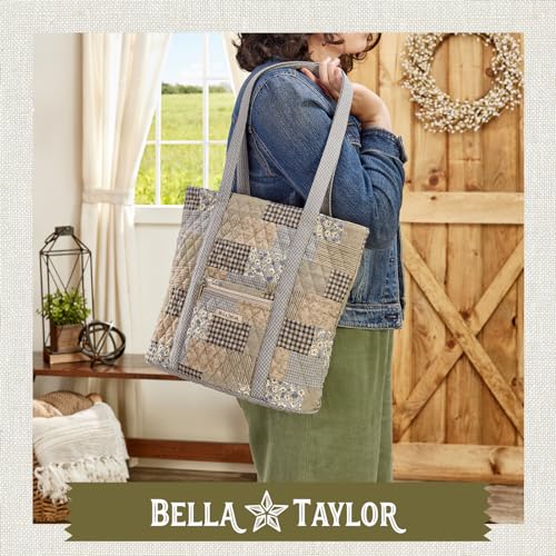 Bella Taylor Large Tote, Quilted Shoulder Bag for Women | Lightweight, 6-pocket large quilted purse, machine washable, zippered top, ultimate organization, durable construction - color: Khaki Patchwork