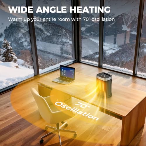 1500W Portable Space Heater for Indoor Use, Fast Heating PTC Electric Heater with 70° Oscillation, Remote Control, 1–12H Timer, Quiet Small Heater for Bedroom Home Office - size: 9.96" / 70° Oscillation