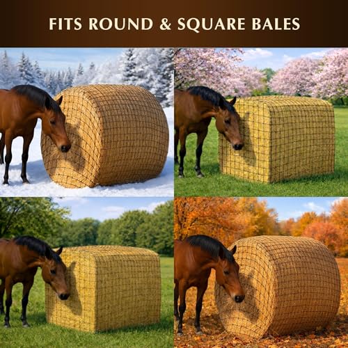 5x5 ft Round Bale Hay Net for Horses – 2 Inch Hole Slow Feeder – 4x4 and 6x6 Sizes Also Available – Knotless Mesh Design – Easy to Put On Over Bales – Built for Everyday Horse Feeding - size: Bale Size 5x5 FT