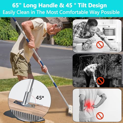 Concrete Scrub Brush - Concrete Brush Wire Broom with 62" Long Handle - Deck Brushes for Scrubbing Heavy Duty Stiff Metal Bristle Floor Scrubber Brushes for Cleaning Moss Grout Garage Patio