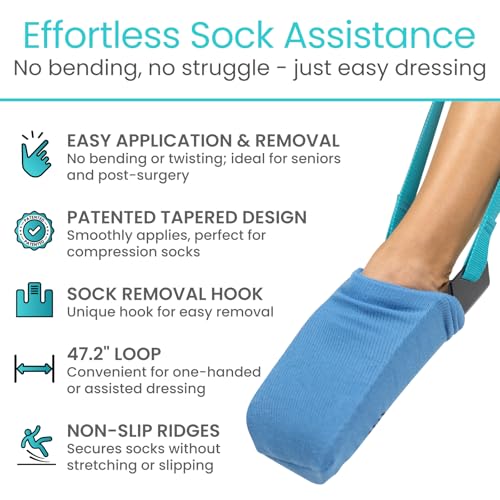 Vive Sock Aid Easy On Easy Off- Assist & Remover - Daily Living Helper | Device for Elderly - Mobility for Surgery Recovery & Disability, Compression Puller Slider, Assistance Putting On Tool Kit
