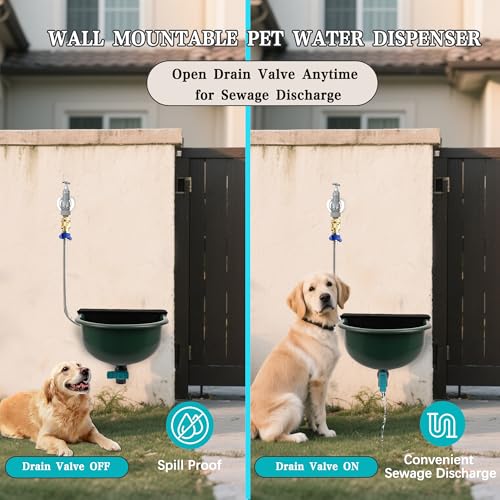 Automatic Water Dispenser for Dogs with Drain Hole & Drain Valve, 1 Gallon Auto Dog Water Bowl Outdoor with Float Valve, Hose Quick Connect Fitting, for Livestock, Chicken, Horse (Green)