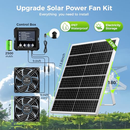 25W Smart Solar Fan for Chicken Coop, Solar Powered Fan for Dog Shed Garage | 2500mAh Battery, 3 Smart Modes, Memory Function, IP65 Waterproof, - size: 25W Solar Fan + Smart Control