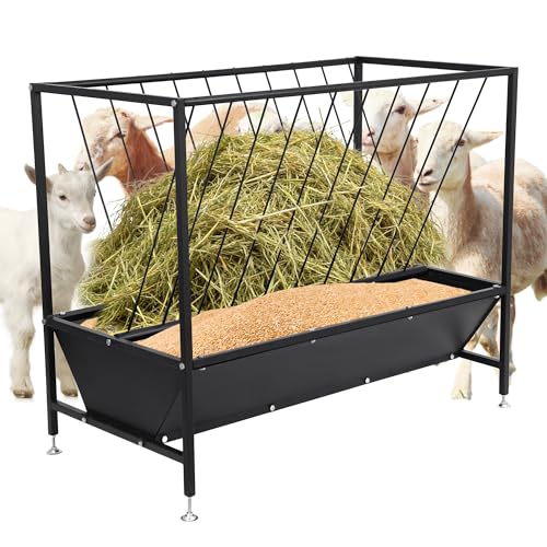 70 Gallon Pasture Hay Feeder, Heavy-Duty 2-in-1 Livestock Feeder with Grain Trough, Galvanized Steel Hay Rack for Goats, Sheep, Calves & Miniature Horses, Weather Resistant Farm Manger