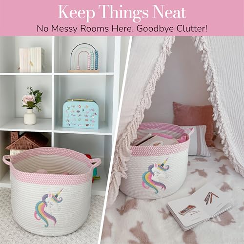 Unicorn Baby Storage Basket, Woven Cotton Rope Nursery Bin, 15x11 in | Stuffed Animal and Blanket Storage, Soft Felt Unicorn Patch, Baby Girl Room Decor, Shower Gift, Kids Playroom Organizer - color: Unicorn