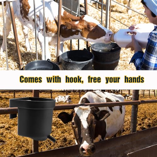Abbylike 2 Pack 4 Quart Single Teat Calf Milk Feed Bucket Hook Over Hanging Calf Feeder Bucket with Nipple Mountable Plastic Livestock Feeder for Farm Stall Barn Cowshed Cattle Housing Feeding