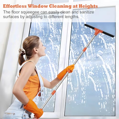 Floor Squeegee for Concrete Floor,18" Large Heavy Duty Squeegee for Floor, Rubber Broom with 62" Long Handle for Bathroom Tile, Garage Concrete, Deck, Shower Glass, Window Cleaning - color: Orange
