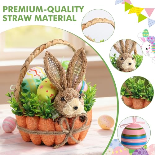 Easter Basket Decoration with Handle, Handmade Straw Bunnies, 12 Hanging Easter Eggs,Carrot Baskets for Easter Egg Candy Storage, Spring and Easter Home Table Decor, Mantle Centerpiece