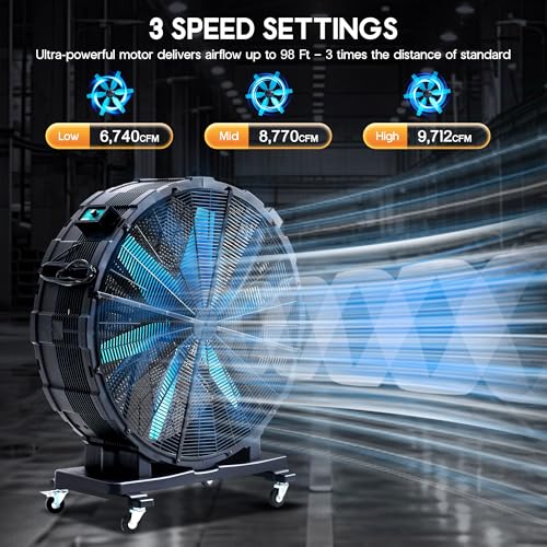 Albott 42 Inch Industrial Drum Fan, 17,660 CFM High Velocity Floor Fan | 750W Heavy Duty Plastic Blower with Wheels and 3 Speeds for Garage, Workshop, Warehouse, Factory, and Basement - size: 42 Inch