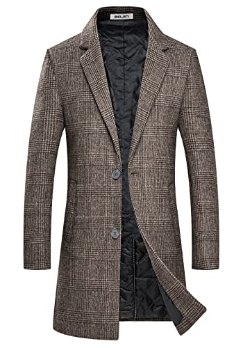 BOJIN Mens Trench Coat Wool Blend Top Pea Coat Winter Long Single Breasted Classic Stylish Business Overcoat - color: Bj03 Brown Plaid, size: XX-Large