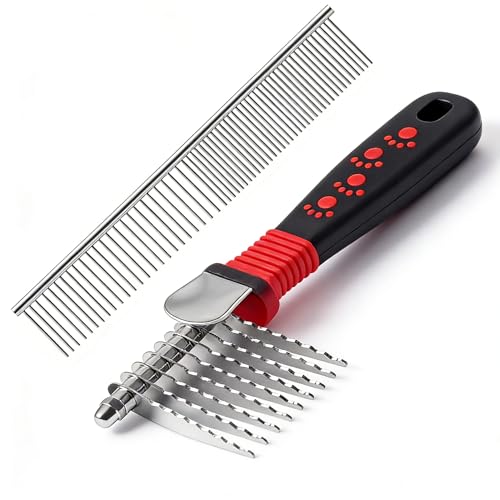 QUMY Dog Comb Kit-Dematting Rake Comb for Dogs Metal Cat Dog Grooming Brush | Stainless Steel Dematting Tool for Dogs, Golden Doodle Poodle Detangler Brush for Matted or Knotted Pet Hair Removal, 2 Pack