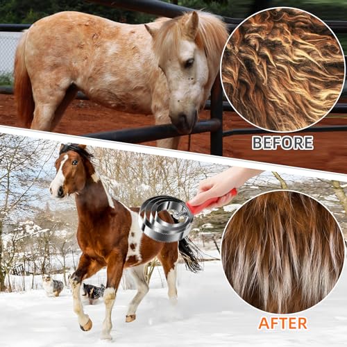 Double Sided Stainless Steel Curry Comb With Soft Grip, Shedding & Grooming Tool For Dogs, Cattle & Horses (Red) - color: Red