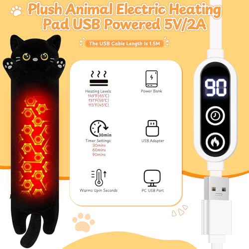 Black Cat Plush USB Heating Pad for Period Cramps Menstrual | 22” Cat Heated Plush Stuffed Animal, Portable Indoor Outdoor Use, Electric Kitten Plush Heating Pad for Women Mom Girls Gifts - color: Black Cat Heating Pads