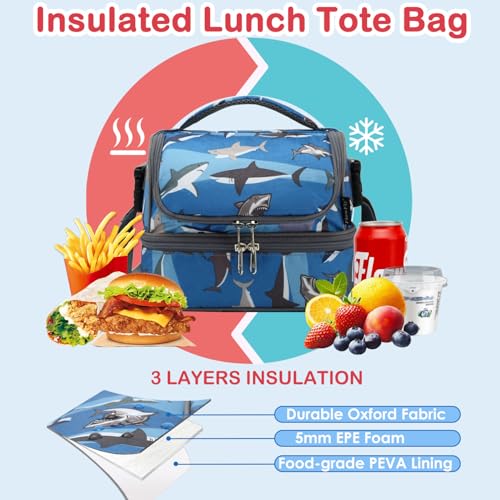 FlowFly Kids Double Decker Cooler Insulated Lunch Bag Large Tote for Boys, Girls, Men, Women, With Adjustable Strap, Shark - color: Shark