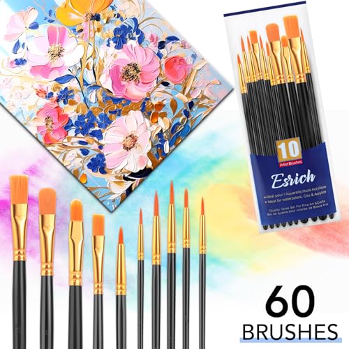 ESRICH 60PCS Paint Brushes, Paint Brush for Acrylic Painting | Artist Paintbrushes for Oil Watercolor, Body Face Rock Canvas, Small Paint Brushes for Kids, Black - color: Black, size: 60