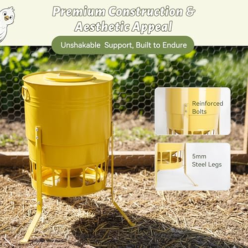 KOL Chicken Feeder No Waste for Coop & Outdoors, 16 Port 50lbs Poultry Feeder with Spill-Control Design, Rust-Proof Powder Coated Metal & Smooth Safe Edges (Yellow) - color: Yellow