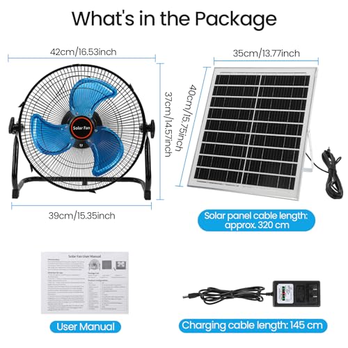 GOESWELL Solar Powered Fan 12 Inch Metal Blades Timer USB for Outdoors | Portable Solar Powered Fan Battery 12 Speeds Timer 360 Tilt USB Output Charges Phone Metal Blades Quiet For Outdoor