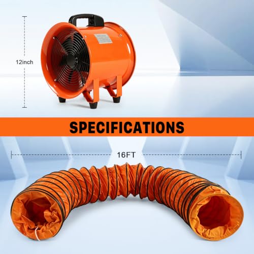 2026 NEW 12 Inch Utility Blower Fan with 16 Ft Flexible Duct Hose, 2882 CFM High Velocity Industrial Ventilation Exhaust Fan, Portable Axial Ventilator with Ball Bearing Motor for Workshop, Jobsite.