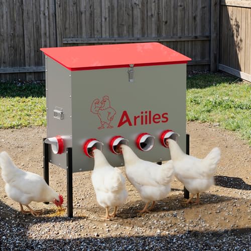 Automatic Chicken Feeder, Metal Poultry Feeder, Chicken Feeders | 100LB Poultry Feeder With Stand & 10 Ports. Includes Bonus Vegetable Net, Feeder Sealant And Anchor Stakes For Chicken. - size: 100 LB
